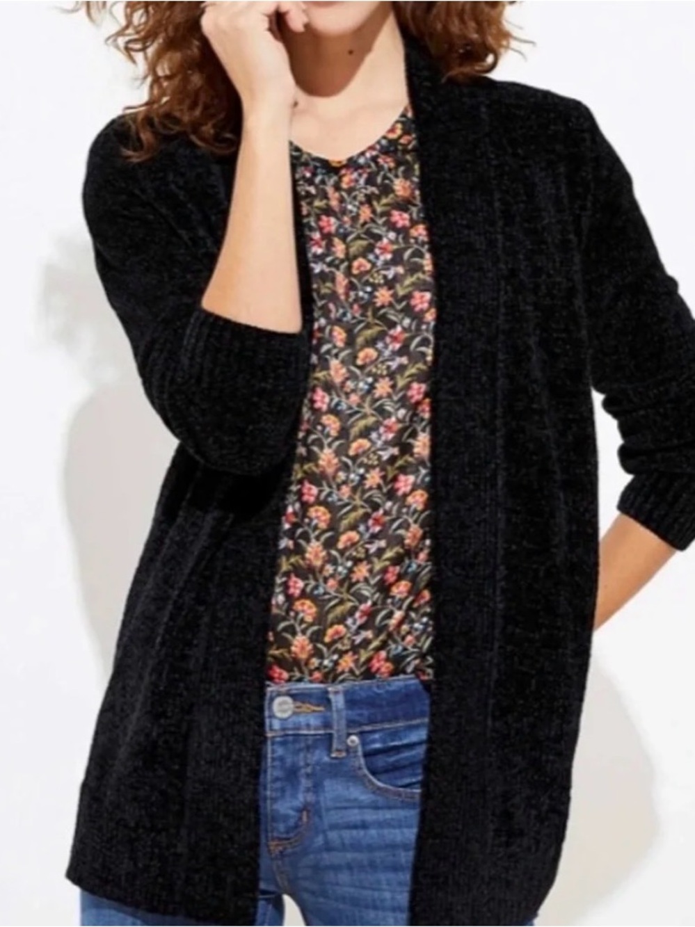 LOFT Black Open-Front Chenille Cardigan Sweater